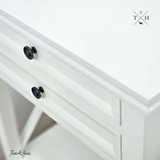 Close-up of the bedside table's top surface, highlighting the smooth satin finish and quality craftsmanship