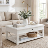 Close-up of the Hampstead Coffee Table with Drawer in white showcasing the storage drawer, open shelf, cross-side detailing and classic Hamptons design.