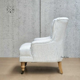 Avery Occasional Armchair Left Angle: Rolled arm and side silhouette in blue and white stripe fabric