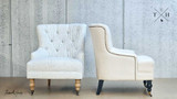 Classic Blue and White Stripe, and Elegant Solid Beige. This composite image showcases the armchair from various angles, highlighting the scooped back, rolled arms, and tufted button detailing in both finishes.