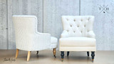 Classic Blue and White Stripe, and Elegant Solid Beige. This composite image showcases the armchair from various angles, highlighting the scooped back, rolled arms, and tufted button detailing in both finishes.