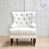 Avery Buttoned Armchair - Front Angle: Showcasing cream natural upholstery and classic button detailing.
