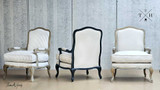 Composite image displaying the Cannes Louis Armchair in various finishes from multiple angles.