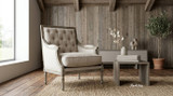 Classic occasional chair in cream upholstery with carved black timber frame and heritage detailing in a warm designer living room