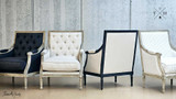 A diagonal angle shot capturing the Pembroke Occasional Armchairs in its different finishes, offering a comparison of how each finish complements the chair’s traditional structure and elegant cabriole oak legs. This perspective emphasizes the chairs' adaptability to various decor themes, from Hamptons to French Provincial.