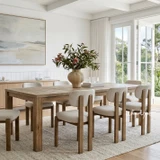A centred angled view of the Hartford timber dining table with Stuttgart Chair, from Thomas and Hurley.