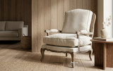 Weathered oak lounge chair with handcrafted rattan back in a luxury Australian interior