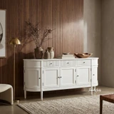 Angled view of the 200cm Louis Curved Sideboard in white in a Contemporary dining room