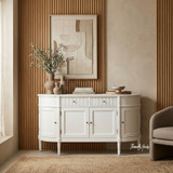 Front facing view of the Louis Curved Buffet in 160cm in white in a contemporary room