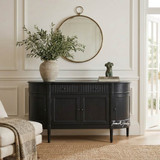 The Louis Buffet 4 Door 160cm in Black by Thomas and Hurley, front angle view and closed position, showcasing its curved design, fluted drawer detailing, and functional storage.