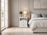 Wide interior shot of the Thomas and Hurley Fremont white nightstand in a sunlit room.
