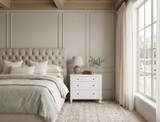 Wide view of a neutral bedroom featuring the Thomas and Hurley Brynmore 3 Drawer Bedside in white.