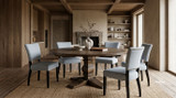 Darcy Round Oak Parquetry Dining Table 160cm in a styled warm minimalist living room with upholstered dining chairs