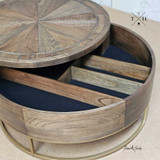 Partial top view at an angle, focusing on the parquetry and edge design