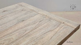 Detailed close-up of the finish on the oak top of the Parkhouse Double Pedestal Dining Table.