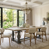In Situ photo of the Parkhouse Double Pedestal Dining Table showcasing its distressed grey base and oak top in a Hamptons Style home