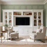Stonefield Display TV Media Entertainment Wall Unit 387cm by Thomas & Hurley in a luxury Hamptons style living room with integrated TV cabinetry and elegant display cabinets.
