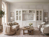 Premium Hamptons style entertainment wall unit with integrated television, display cabinetry and bespoke storage by Thomas & Hurley Australia.