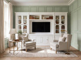 Stonefield 387cm custom TV media entertainment wall unit featuring classic Hamptons cabinetry, glass display bookcases and timeless architectural detailing.