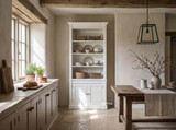 White Stonefield single bookcase wall unit used as a china hutch in a sunlit rustic kitchen