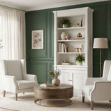 White Thomas and Hurley Stonefield single bookcase with open shelving for home office or living room display in a luxurious living room with round coffee table