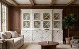 Styled white painted display cabinet with glass doors in a warm minimalist living room with timber panelling