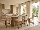 Warm minimalist kitchen stool featuring neutral fabric and solid timber craftsmanship by Thomas and Hurley