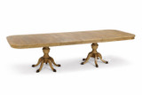 Luxury Berkshire Double Extension Dining Table by Thomas & Hurley in oak, fully extended with twin pedestal base and brass feet.