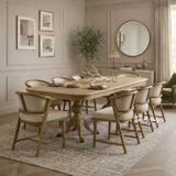 Styled image of the Berkshire Oak Double Extension Dining Table with Windsor Chairs.