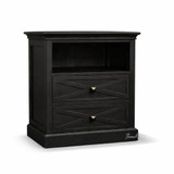 Front angled view of the Fremont Bedside Table in Black by Thomas and Hurley displaying the unique geometric drawer fronts and timeless design