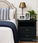 Modern classic black bedside table with storage shelf and drawers