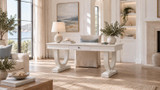 Elegant white designer desk with central drawer and curved legs in a luxury neutral home office setting