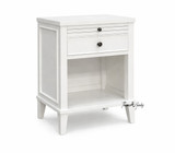 Lando 1 Drawer Bedside/Side Table front angled view showcasing contemporary Hamptons design, white brush-stroke painted finish and single drawer with open shelf.
