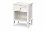 A front angled view of the Lando 1 Drawer Bedside/Side Table highlighting tapered legs, and open shelf.
