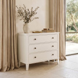 Close-up of the Lando 3 Drawer Chest in white highlighting the three spacious drawers, classic shaker-style panelling, bronze hardware and tapered legs.