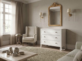 Lando 3 Drawer Chest in white styled with a ceramic vase, decorative tray and books, showcasing generous storage and a timeless Hamptons-inspired design.