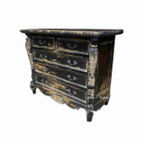Side view of French style Eloise 5 Drawer chest of drawers with carved panels and curved leg detailing.