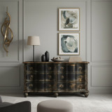 The Henrique 6 Drawer Chest front styled view showing hand-finished patina, carved detailing, and drawers for functional storage.