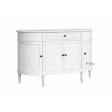 The Louis Buffet 4 Door 130cm in White by Thomas and Hurley, front angle view and closed position, showcasing its curved design, fluted drawer detailing, and functional storage.