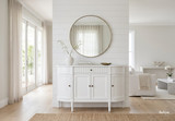 Contemporary classic curved white buffet cabinet by Thomas and Hurley featuring fluted detailing, curved profiles, and understated luxury styling.