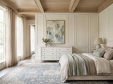 Brynmore white wooden six-drawer chest by Thomas and Hurley in a spacious primary bedroom with wood beams.