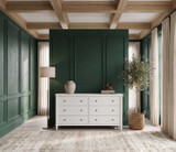 Wide interior view of the white Brynmore 6 Drawer Chest by Thomas and Hurley in a green accented room.