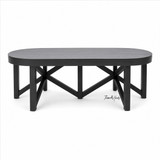 Modern black living room coffee table with geometric timber base