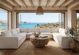 A luxury coastal living room featuring a round log root coffee table