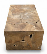 Close-up of the natural crevices and texture on a rectangle Hamptons style teak coffee table