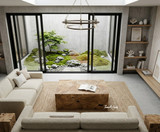 Luxurious Australian living room with a solid teak coffee table and linen sofa