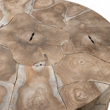 Detailed close up view of the top of the hand-crafted Maki round teak coffee table
