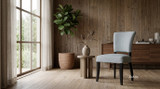 Premium upholstered dining chair in Hampton Blue linen-blend upholstery and black leg in a warm contemporary living room with natural light