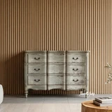 Statement three drawer chest with decorative detailing and softly weathered finish
