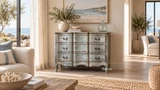Luxury French style three drawer chest styled with natural textures and artwork